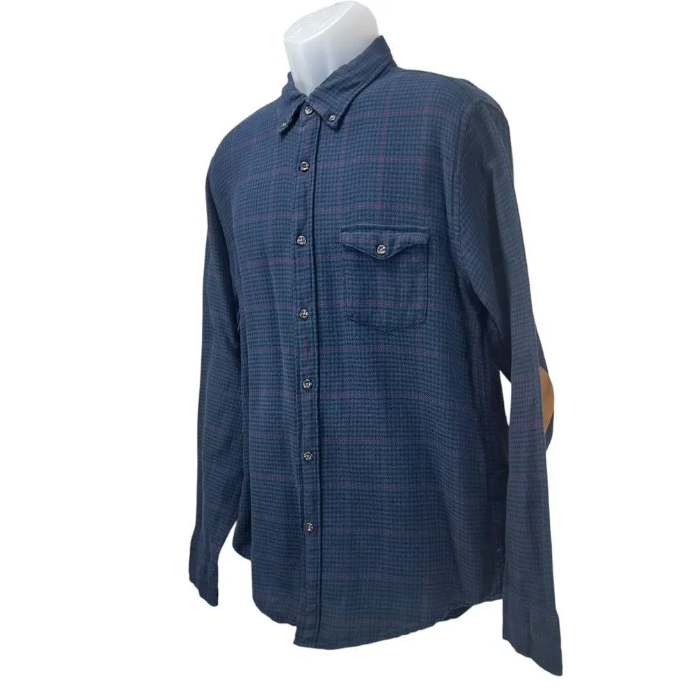 J.Crew‎ Men's XL Slim Blue Houndstooth Check Flannel L/S Shirt w/ Elbow Patch